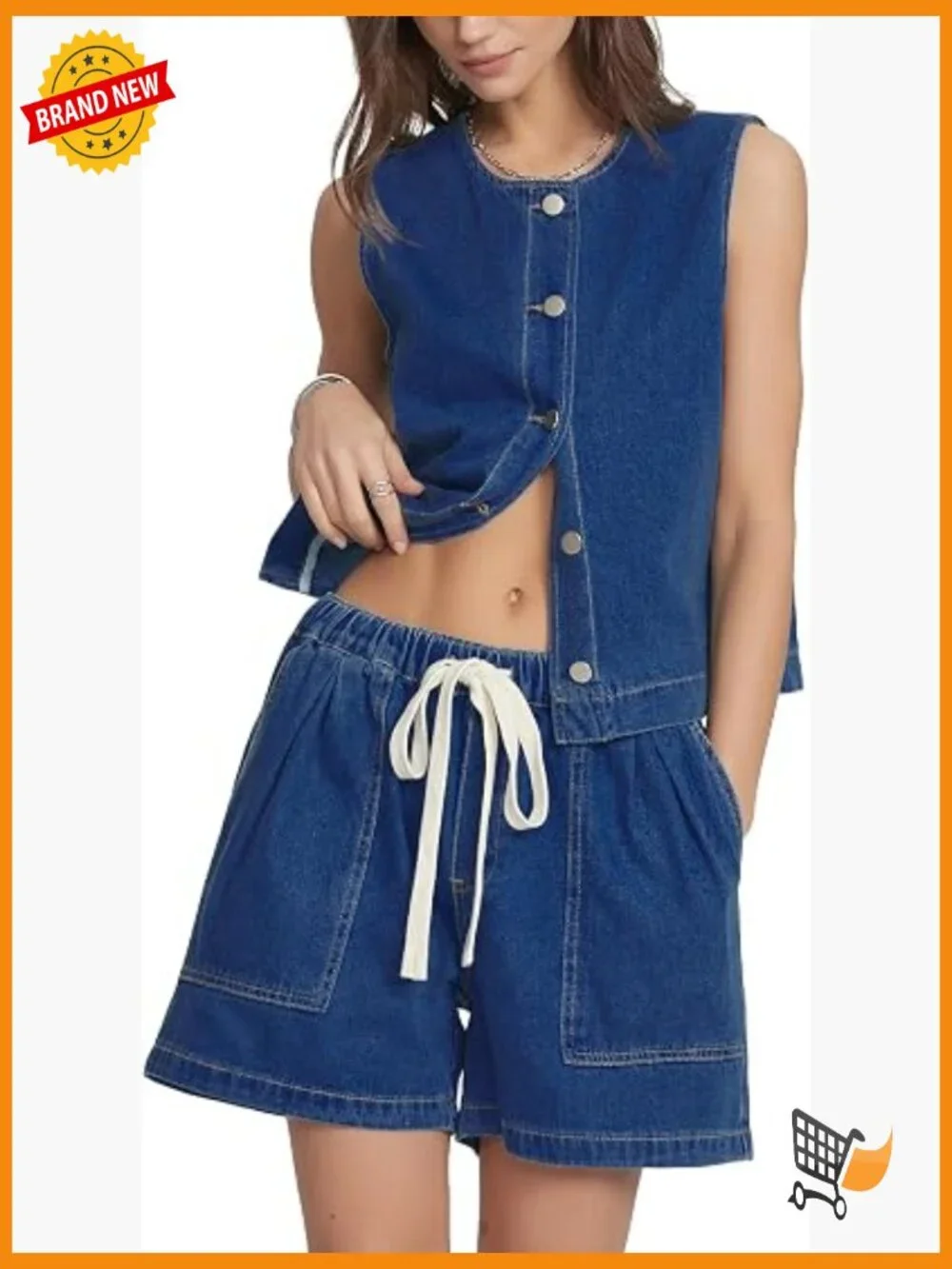 Denim Vest & Shorts Matching Set Sleeveless Crop Top Baggy Jean Shorts